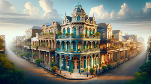 An image showcasing a row of historical buildings influenced by Creole architecture, featuring ornate balconies, vibrant colors, and intricate details, set on a historical street that reflects the Creole cultural heritage and architectural legacy.