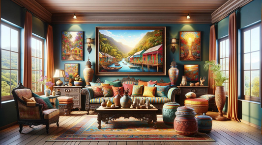 An image of a home interior, elegantly showcasing Creole art and influence with vibrant, intricate artwork on the walls, ornate furniture, and decorative elements reflecting Creole cultural heritage, set in a warm, inviting atmosphere.