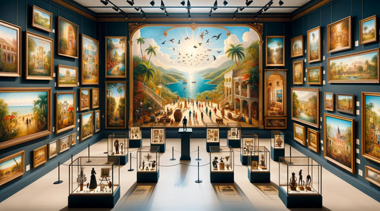Image of Creole art pieces, each uniquely representing Creole culture through various styles and mediums, accompanied by placards explaining their stories and significance, in an elegant and well-lit space.