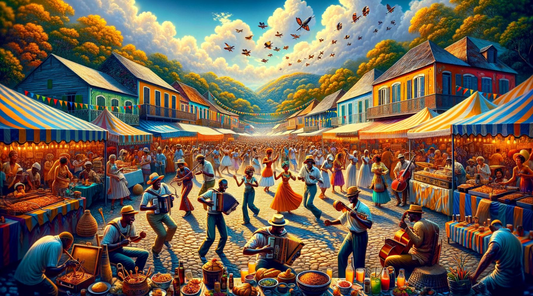 An image depicting a lively Creole festival, with people dancing, musicians playing the accordion and fiddle, and stalls selling traditional Creole food and handicrafts, all set in a vibrant and colorful street celebration.